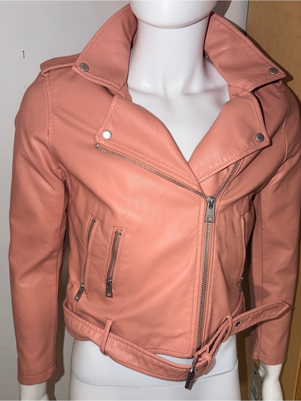 Stylish Women's Pink Faux Leather Moto Levis Jacket Size Large Women